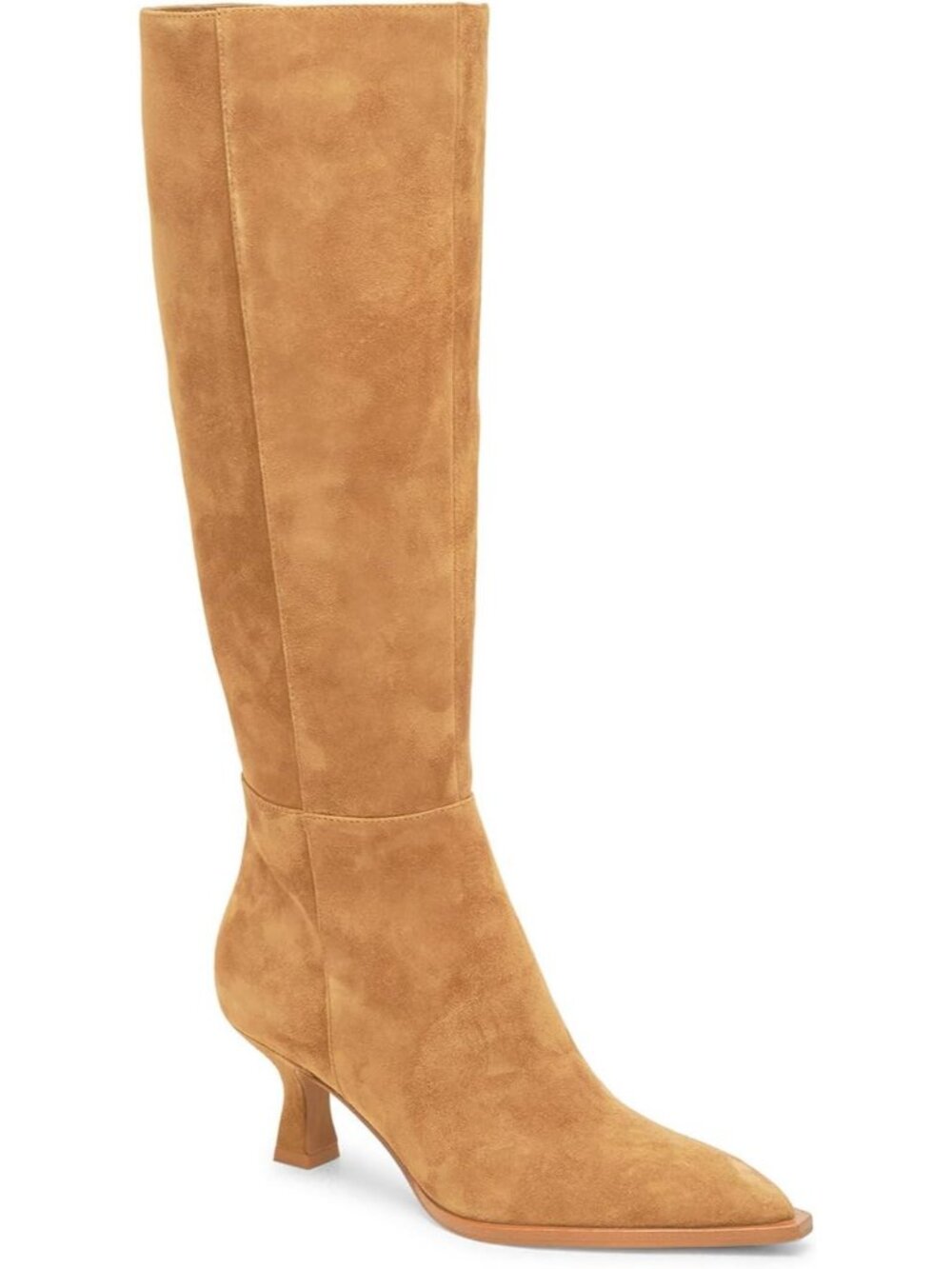 Women's Khaki Knee High Boots Kitten Low Heel Pointed Toe Tall Boots Side Zip